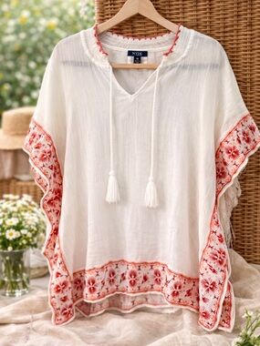 NYDJ Embroidered Poncho Top Size M White Coral Tassel Boho Summer Lightweight